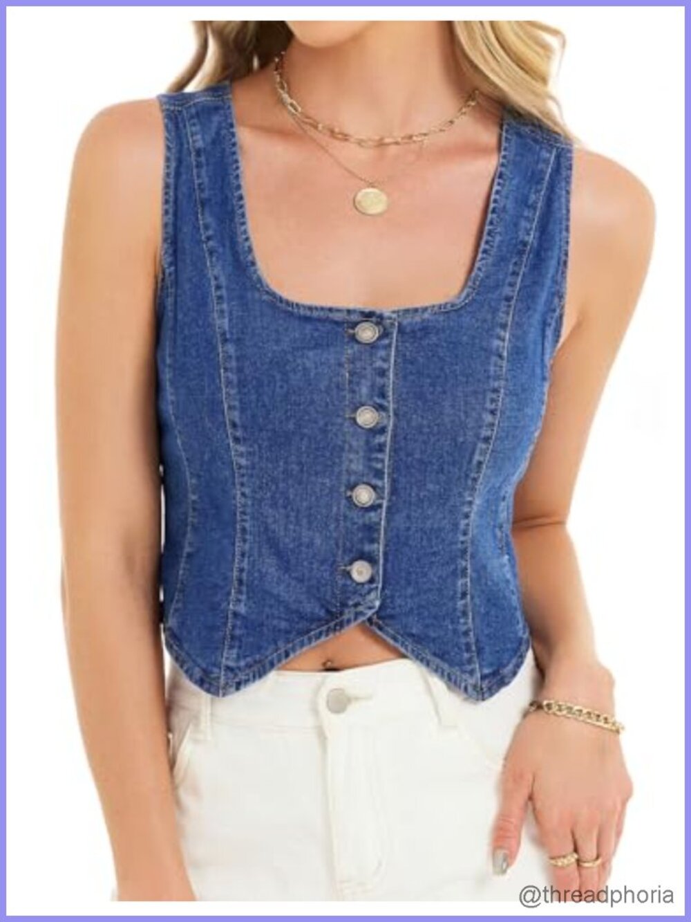 Denim Vest Top Sleeveless Square Neck Jean Waistcoat Cropped Western Layer